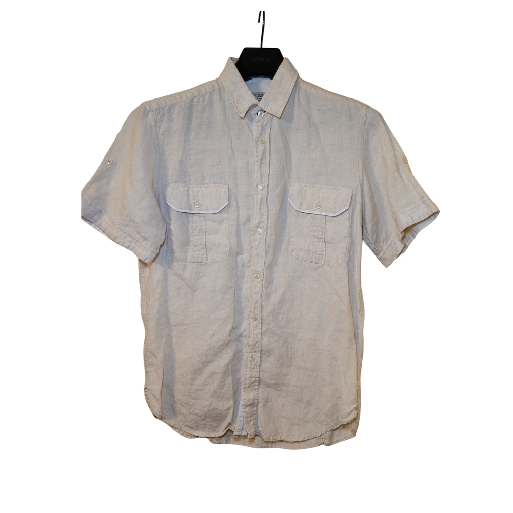 Zara Men's Size M Cream Short Sleeve Button-Up Shirt *Linen Blend Casual Camp